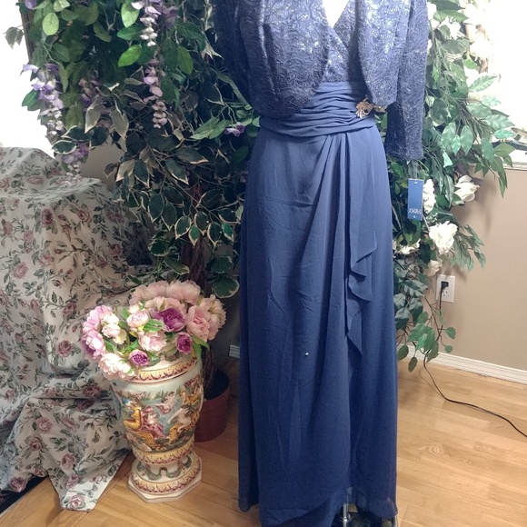 BLUE 2PC FORMAL DRESS WITH BOLERO JACKET SZ L - Picture 6 of 8